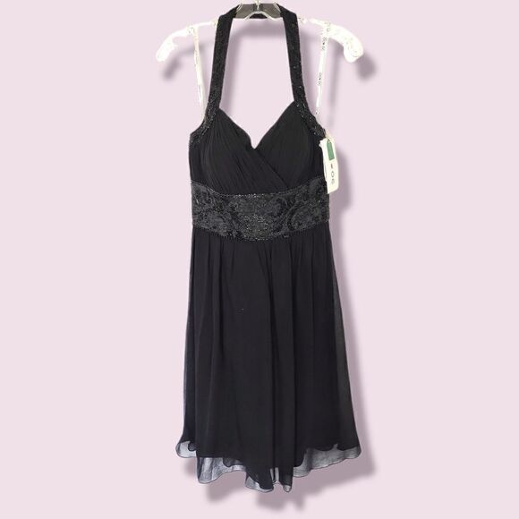Oleg Cassini Silk Dress 8 Black Chiffon‎ Fit & Flare Beaded Halter New With Tags - Picture 1 of 11